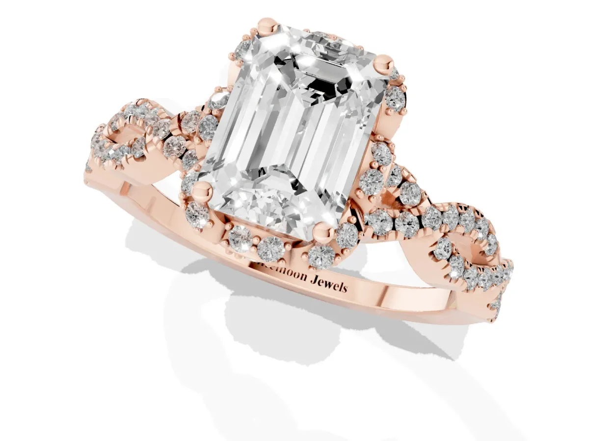 Emerald Cut Halo Twist Band Solitaire Ring with Six-Prong Setting Rose gold