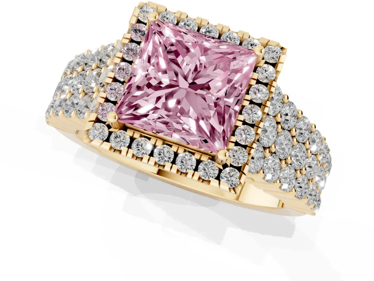 Fancy Pink Princess Cut Diamond Halo Engagement Ring with Triple Row Round Pavé Band and Prong Setting Yellow gold
