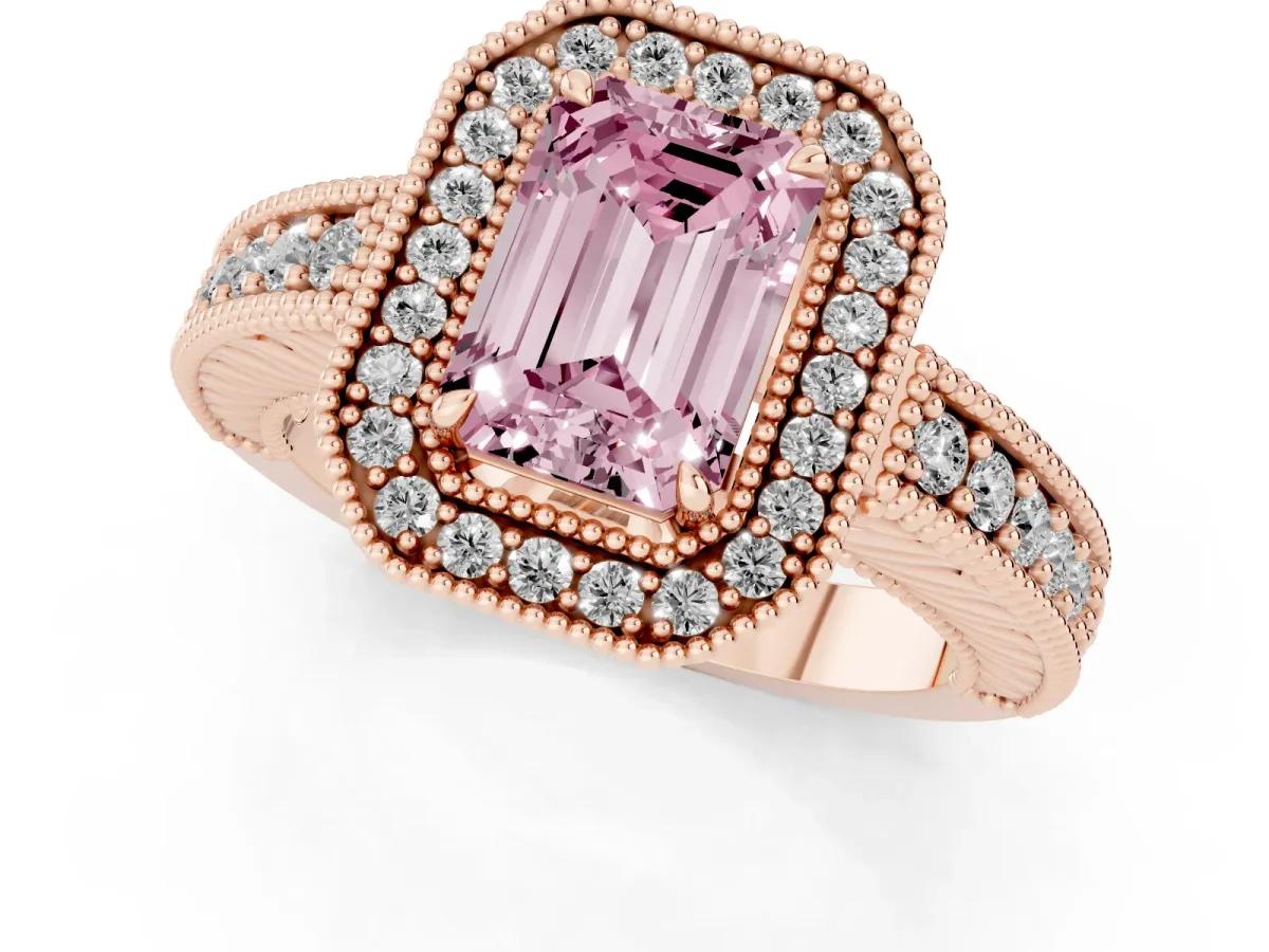 Fancy Pink Emerald Cut Cut Halo Diamond Ring with Pavé Band and Four-Prong Setting Rose gold