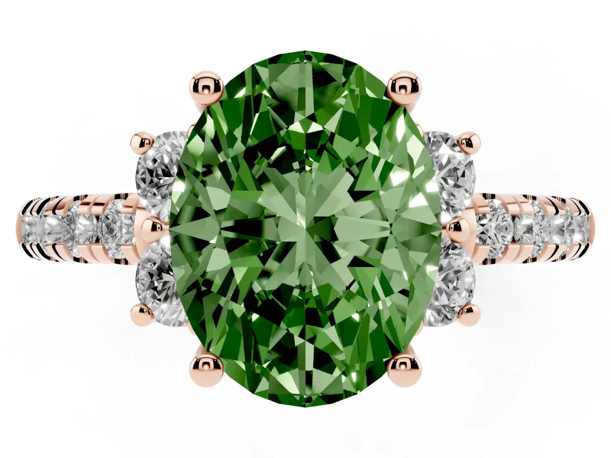 Fancy Green Oval Cut Diamond Three-Stone Pave Band with Four-Prong Setting Rose gold