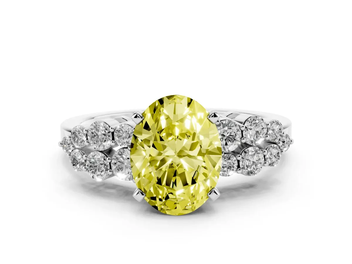 Fancy Yellow Oval Cut Cluster Diamond Engagement Ring with Pavé Band and Four-Prong Setting Platinum