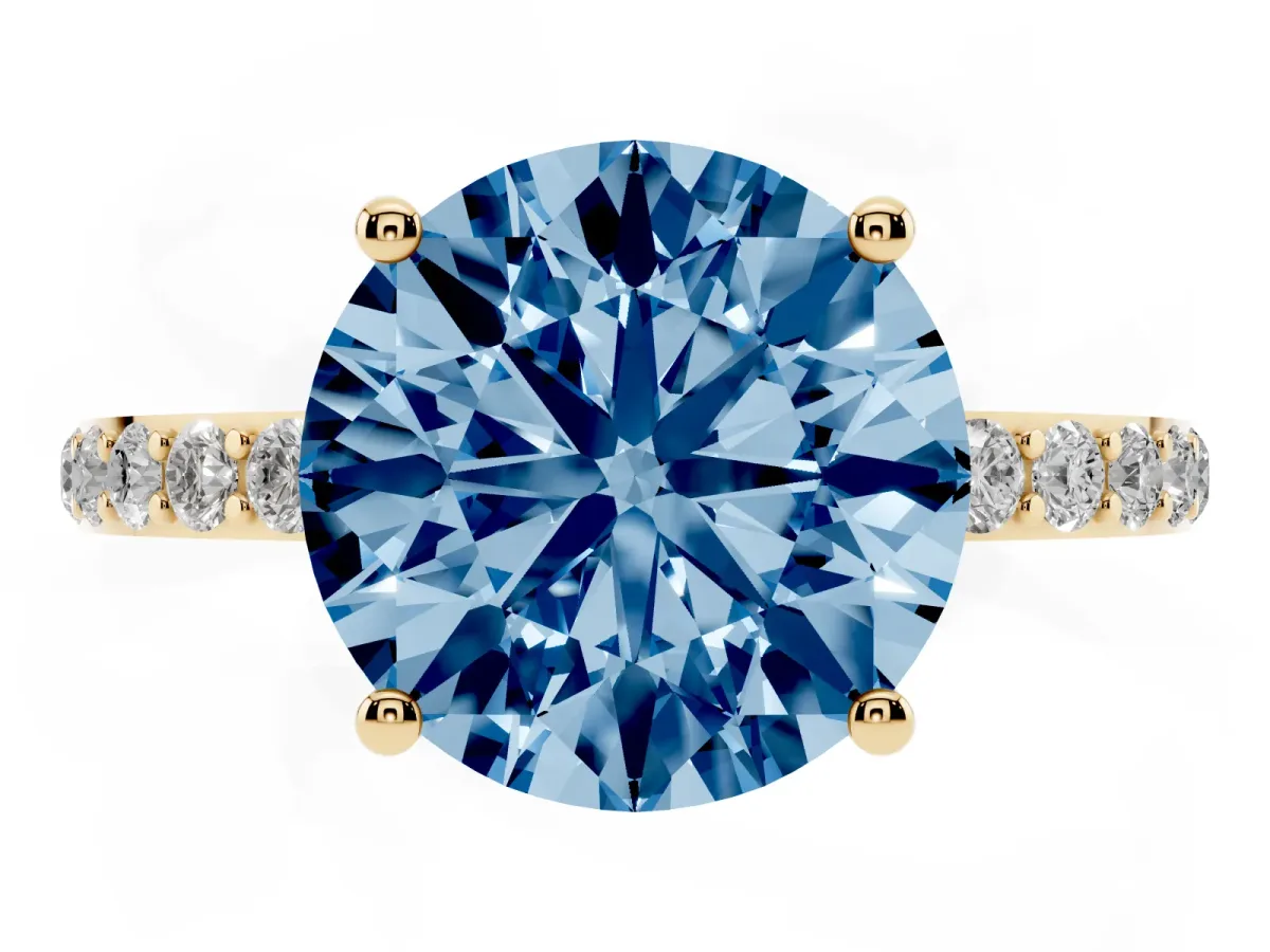 Fancy Blue Round Cut Diamond Solitaire Ring with Round Pavé Shoulders and Prong Setting Yellow gold