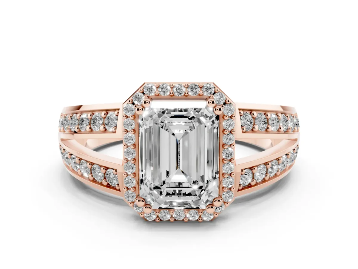 Emerald Cut Diamond Halo Ring with Split Shank Pavé Band and Four-Prong Setting Rose gold