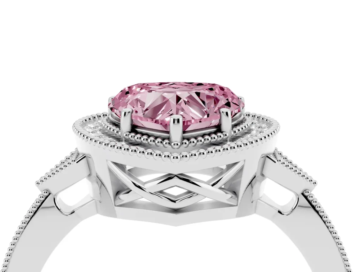 Fancy Pink Heart Cut Halo Round Diamond Milgrain Pave Engagement Ring Silver