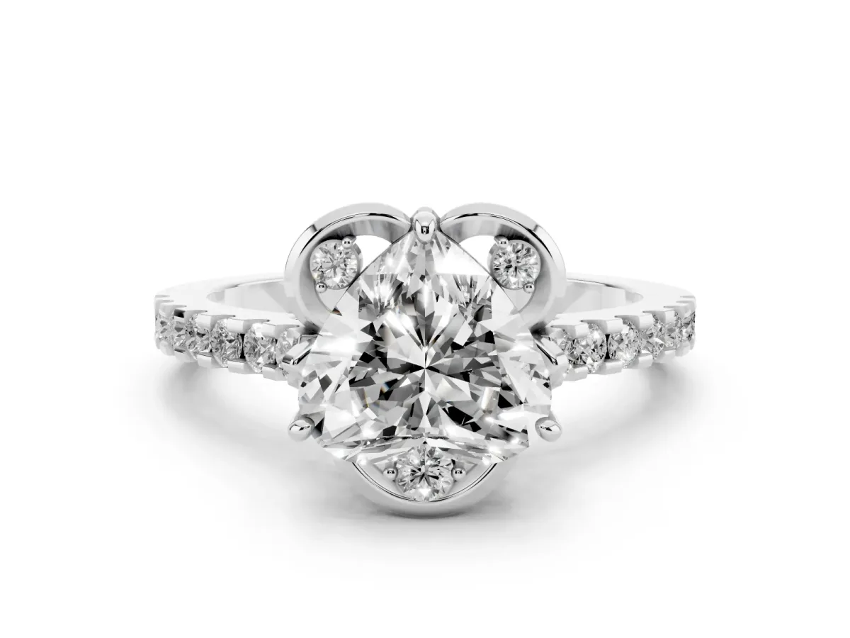 Heart Cut Diamond Ring with Pavé Band and Floral Prong Setting White gold