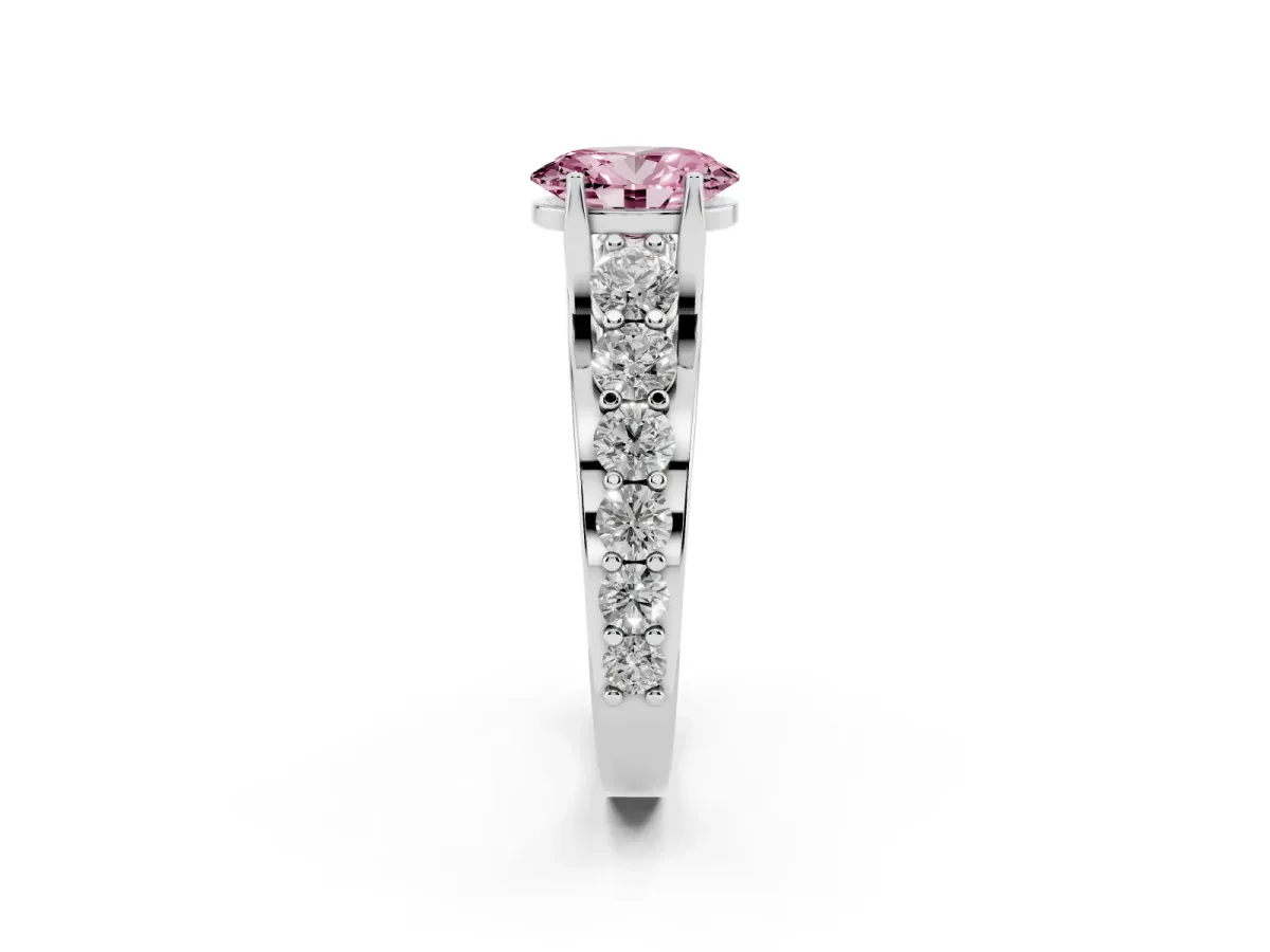 Fancy Pink Oval Cut Diamond Engagement Ring with Pavé Band and Four-Prong Setting Platinum