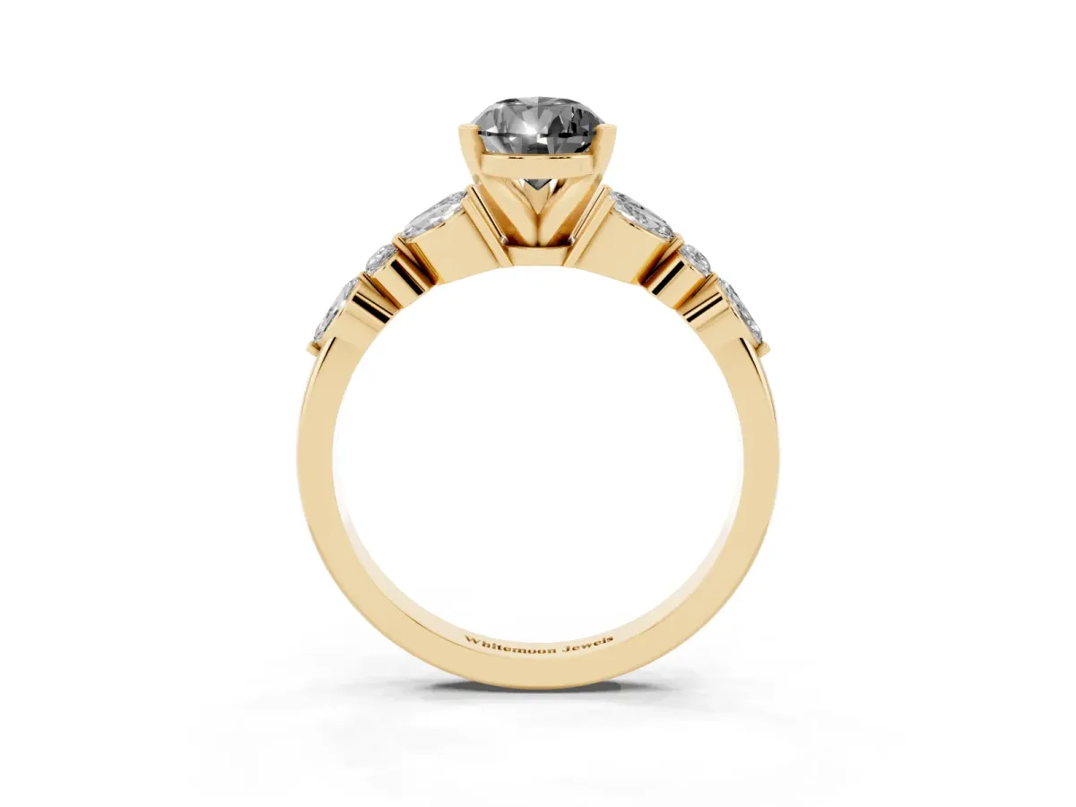 Fancy Black Pear Cut Diamond Solitaire Ring with Side Stones and Four-Prong Setting Yellow gold