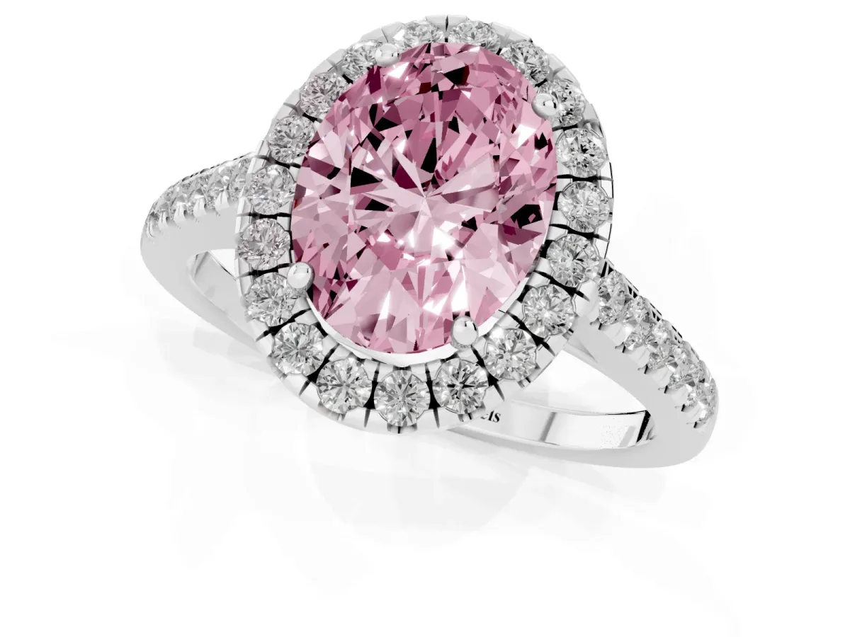 Fancy Pink Oval Cut Halo Pave Diamond Engagement Ring with Four-Prong Setting Silver