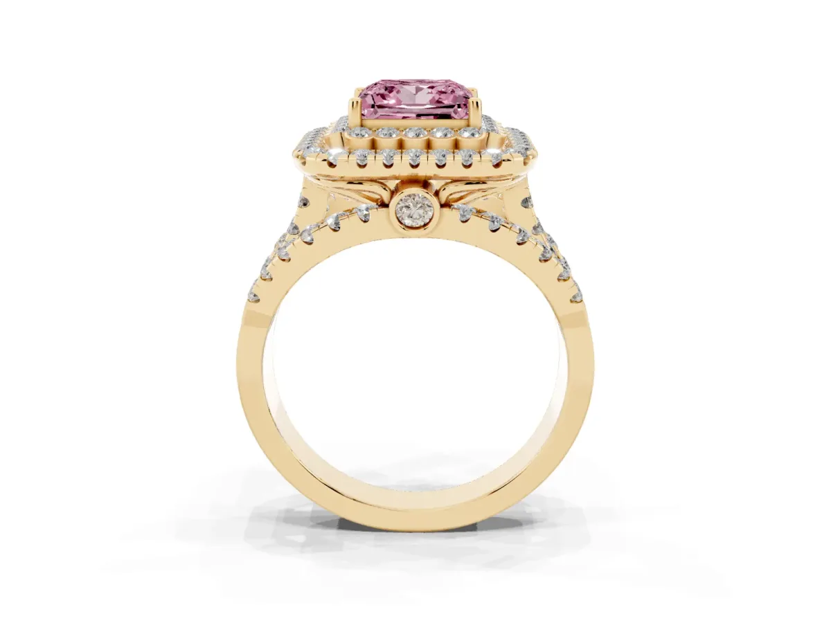 Fancy Pink Princess Cut Diamond Double Halo Ring with Round Pavé Split Shank and Prong Setting Yellow gold