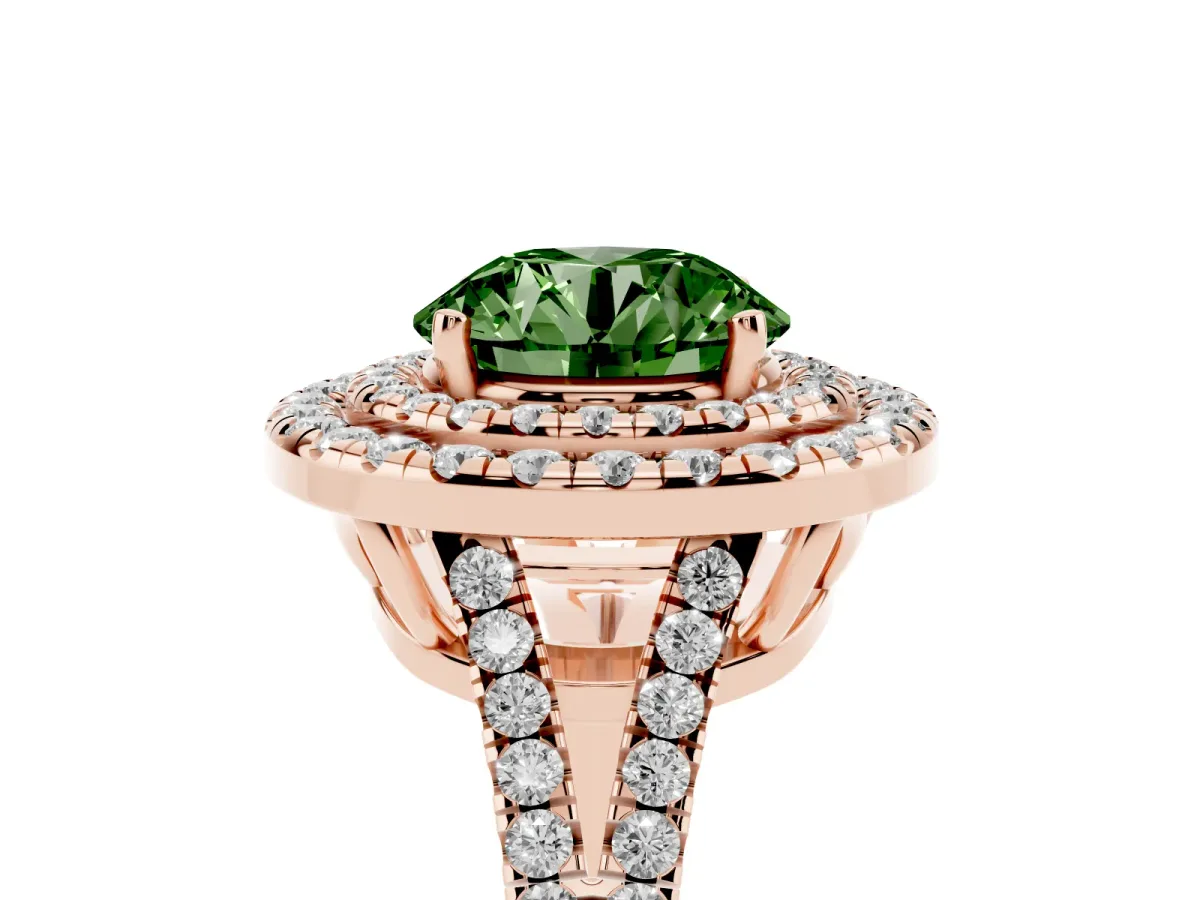 Fancy Green Round Cut Diamond Double Halo Ring with Pavé Band and Prong Setting Rose gold
