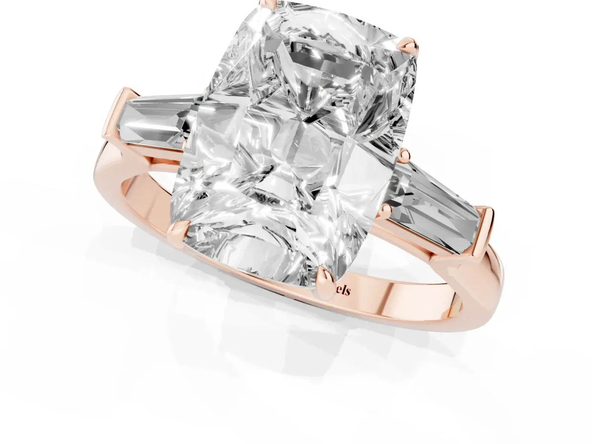 Old Mine Elongated Cushion Diamond with Side Tapered Baguette Three Stone Ring Rose gold