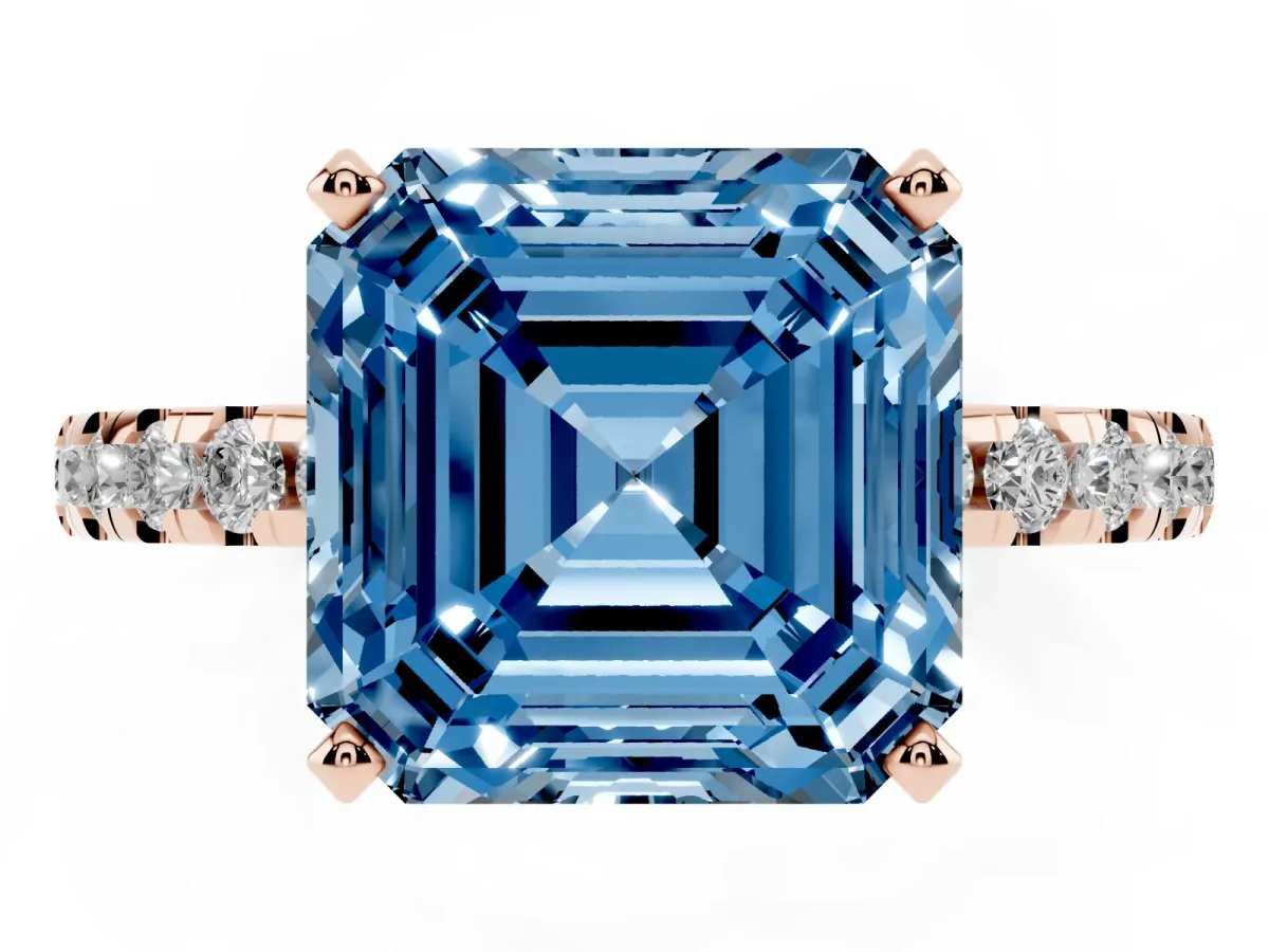 Fancy Blue Asscher Cut Diamond Solitaire Ring with Round Pavé Band and Four-Prong Setting Rose gold