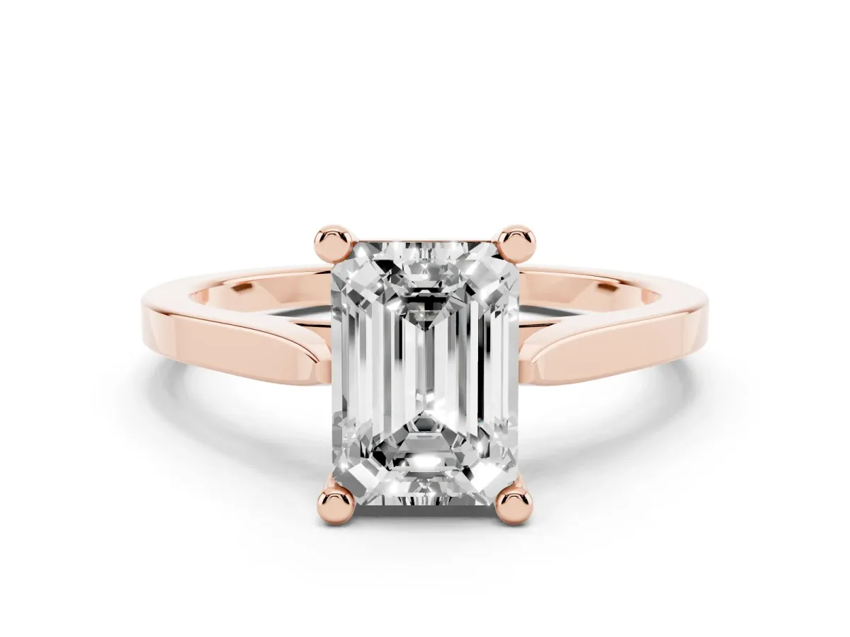 Emerald Cut Solitaire Diamond Ring with Four-Prong Setting and Tapered Band Rose gold