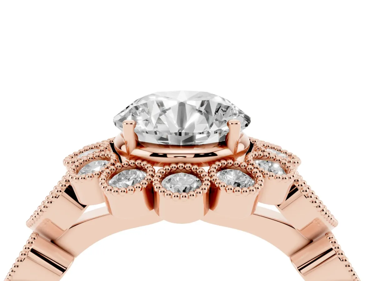 Round Cut Brilliant Milgrain Pave Heart Band Solitaire Ring Rose gold