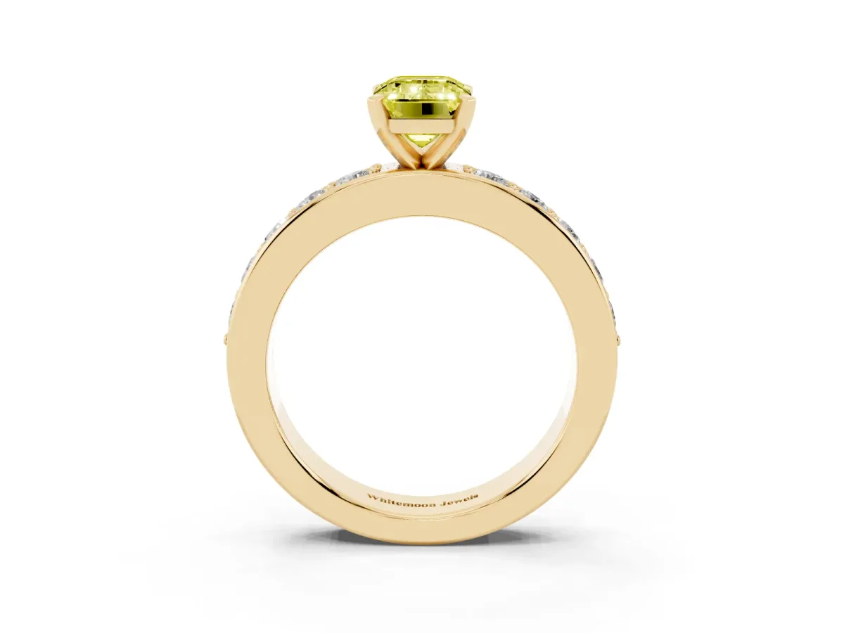 Fancy Yellow Emerald Cut Diamond Engagement Ring with Channel Set Round Band and Prong Setting Yellow gold