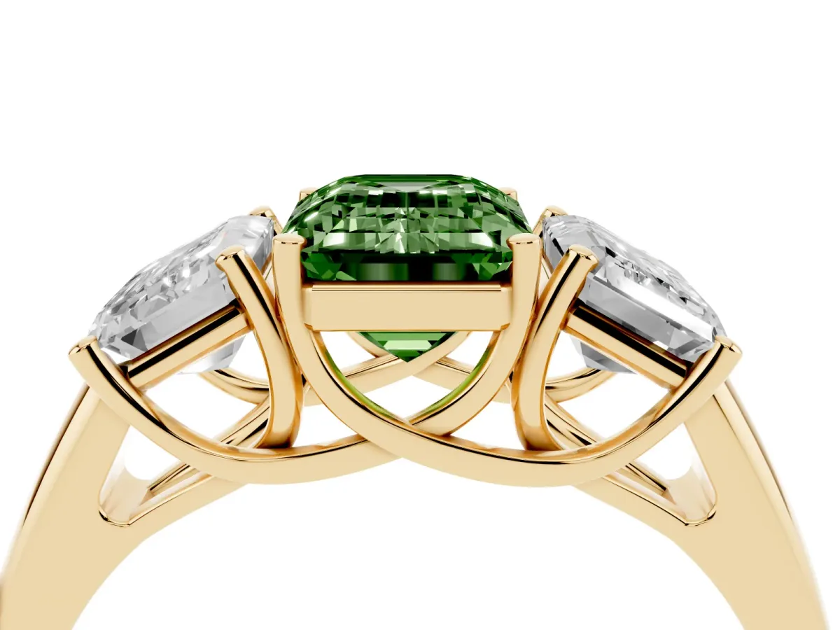Fancy Green Three-Stone Emerald Cut Diamond Engagement Ring with Prong Setting Yellow gold