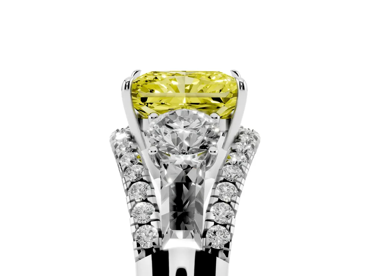 Fancy Yellow Three-Stone Radiant Cut Diamond Engagement Ring with Pave Band and Prong Setting Silver