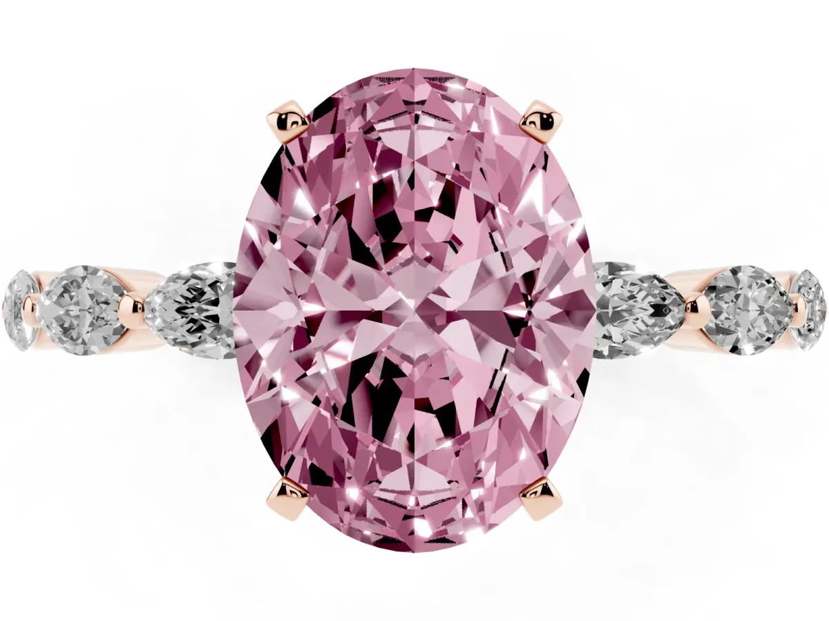 Fancy Pink Oval Cut Diamond Ring with Marquise Side Stones and Prong Setting Rose gold