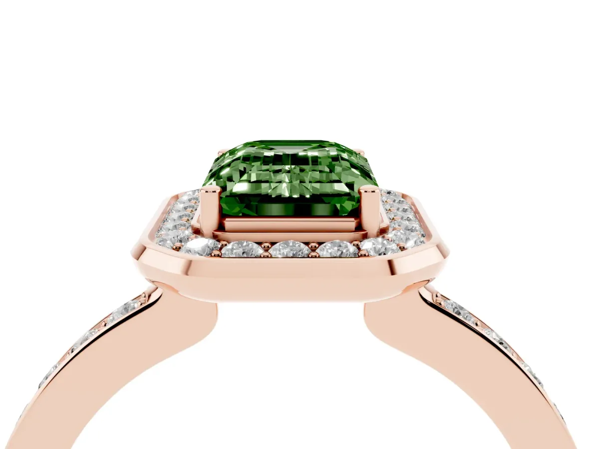 Fancy Green Emerald Cut Diamond Halo Ring with Bezel Frame and Pavé Band Rose gold