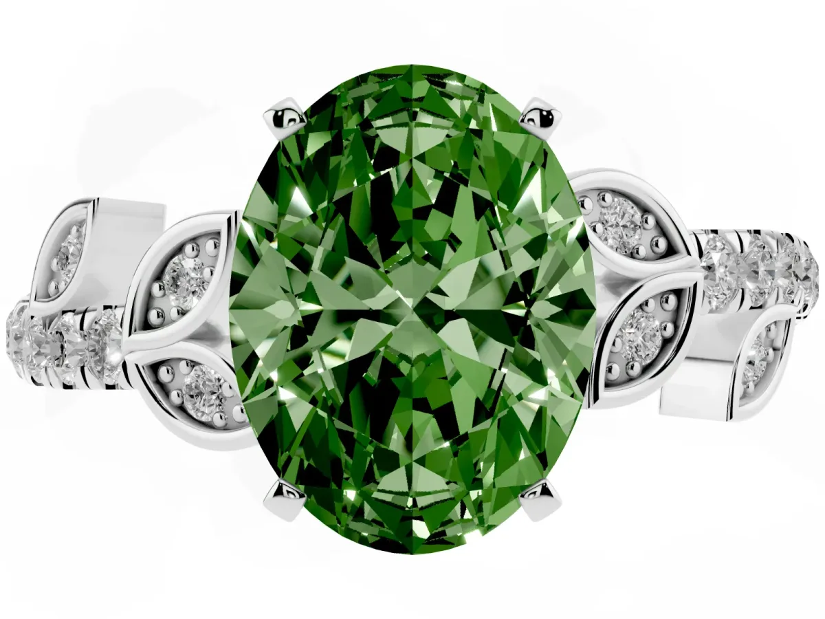 Fancy Green Oval Cut Solitaire Leaf-Inspired Diamond Ring with Pavé Band and Four-Prong Setting Silver