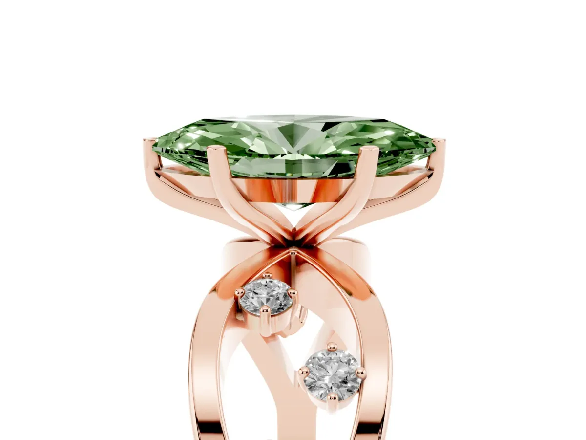 Fancy Green Marquise Cut Cut Solitaire Diamond with Side Stones on Criss-Cross Band and Four-Prong Setting Rose gold