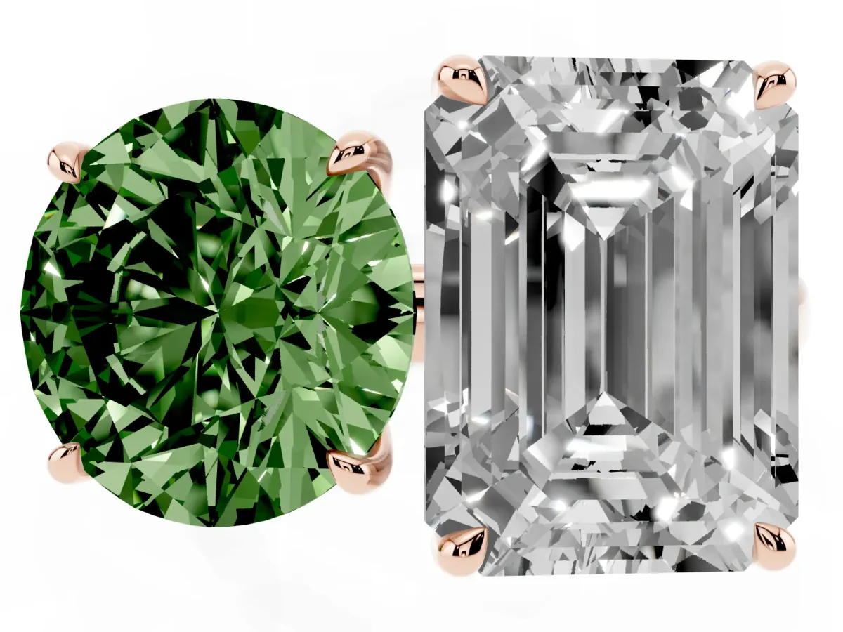Fancy Green Round Cut and Emerald Cut Toi Moi Ring with Prong Setting Rose gold