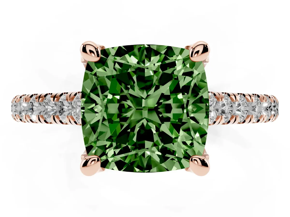 Fancy Green Cushion Cut Brilliant Diamond Solitaire with Pavé Band and Four-Prong Setting Rose gold