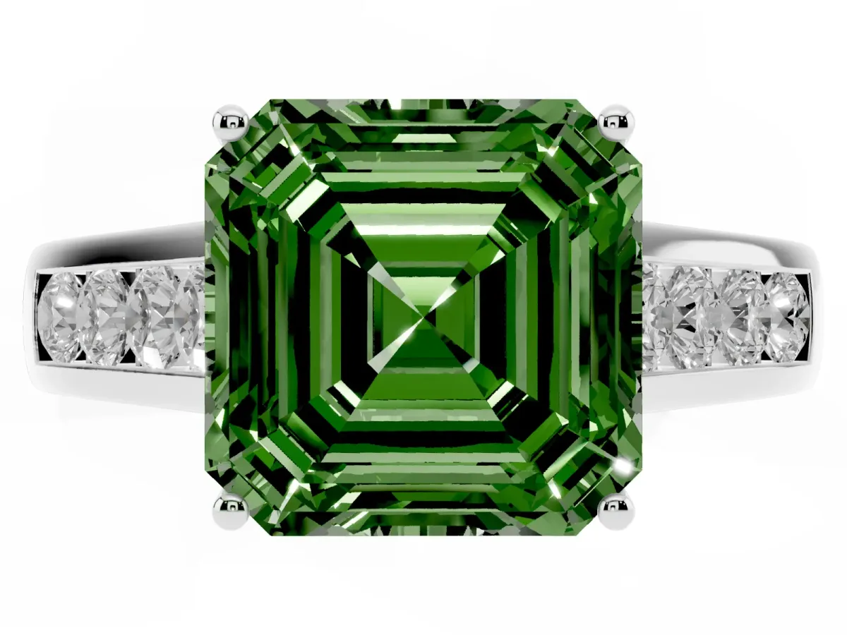 Fancy Green Asscher Cut Brilliant Channel-Set Solitaire Ring with Four-Prong Setting Silver