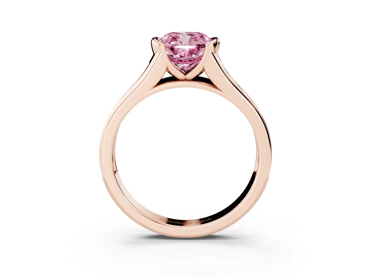 Fancy Pink Cushion Cut Solitaire Bezel-Set Diamond Ring with Channel-Set Band Rose gold