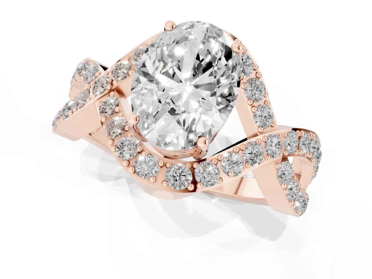 Oval Cut Solitaire Twist Band Pavé Diamond Engagement Ring Rose gold