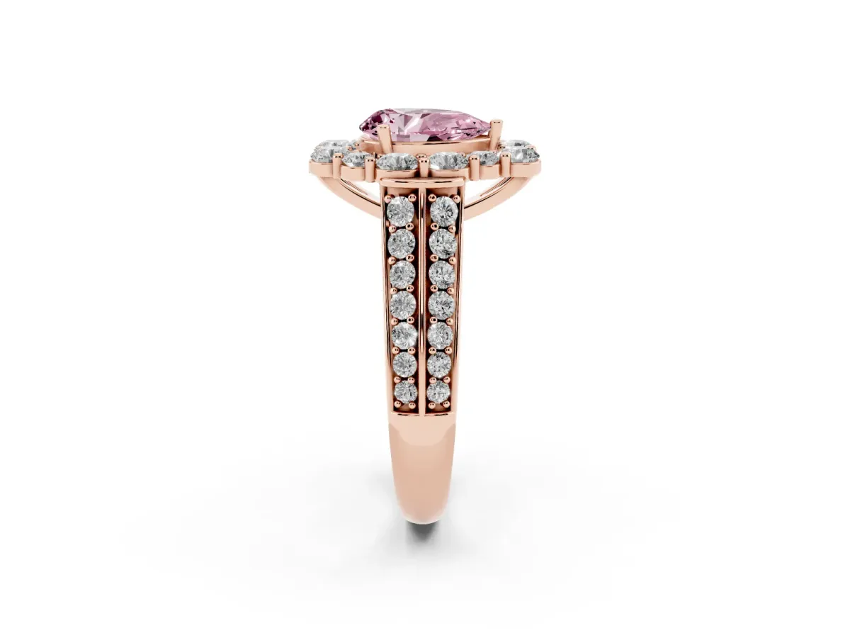 Fancy Pink Pear Cut Halo Diamond Engagement Ring with Split Shank and Prong Setting Rose gold