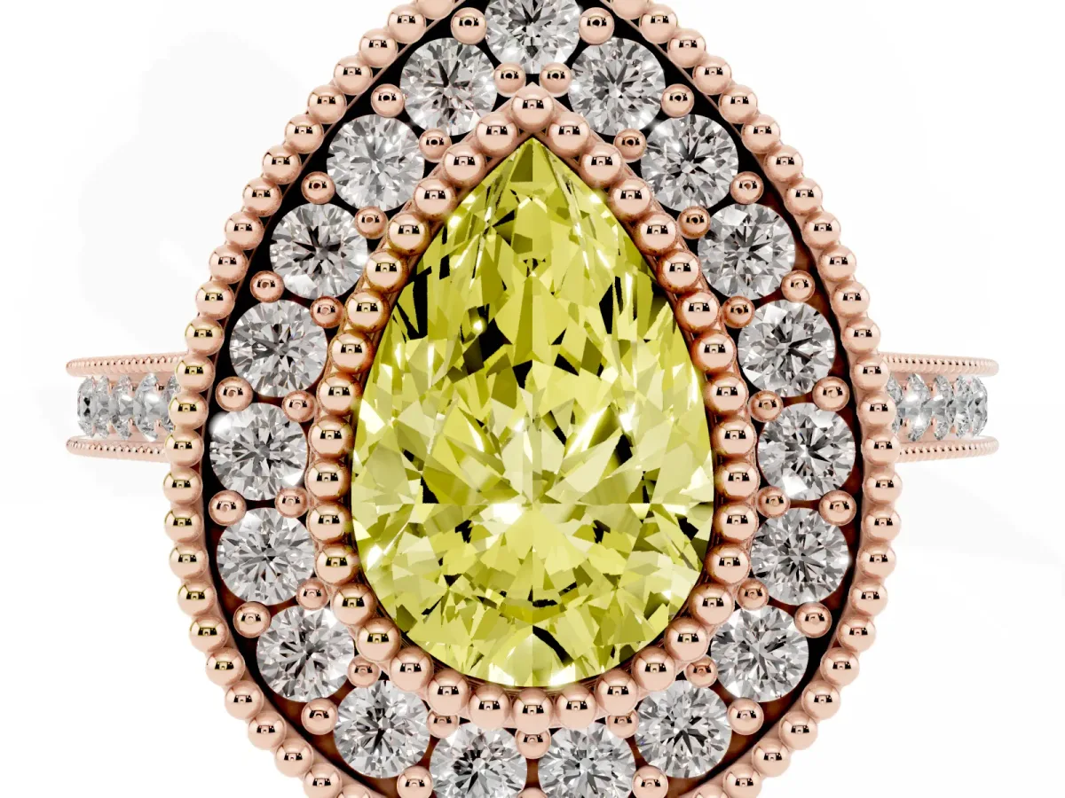 Fancy Yellow Pear Cut Diamond Halo Ring with Milgrain Frame and Pavé Band Rose gold
