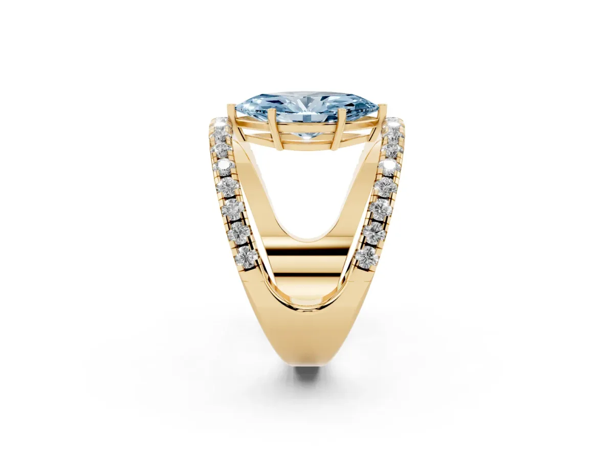 Fancy Blue Marquise Cut Solitaire Split Shank Pave Diamond Ring Yellow gold
