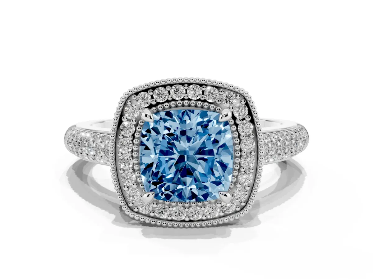 Fancy Blue Cushion Cut Cut Halo Diamond Pave Band with Four-Prong Setting Silver