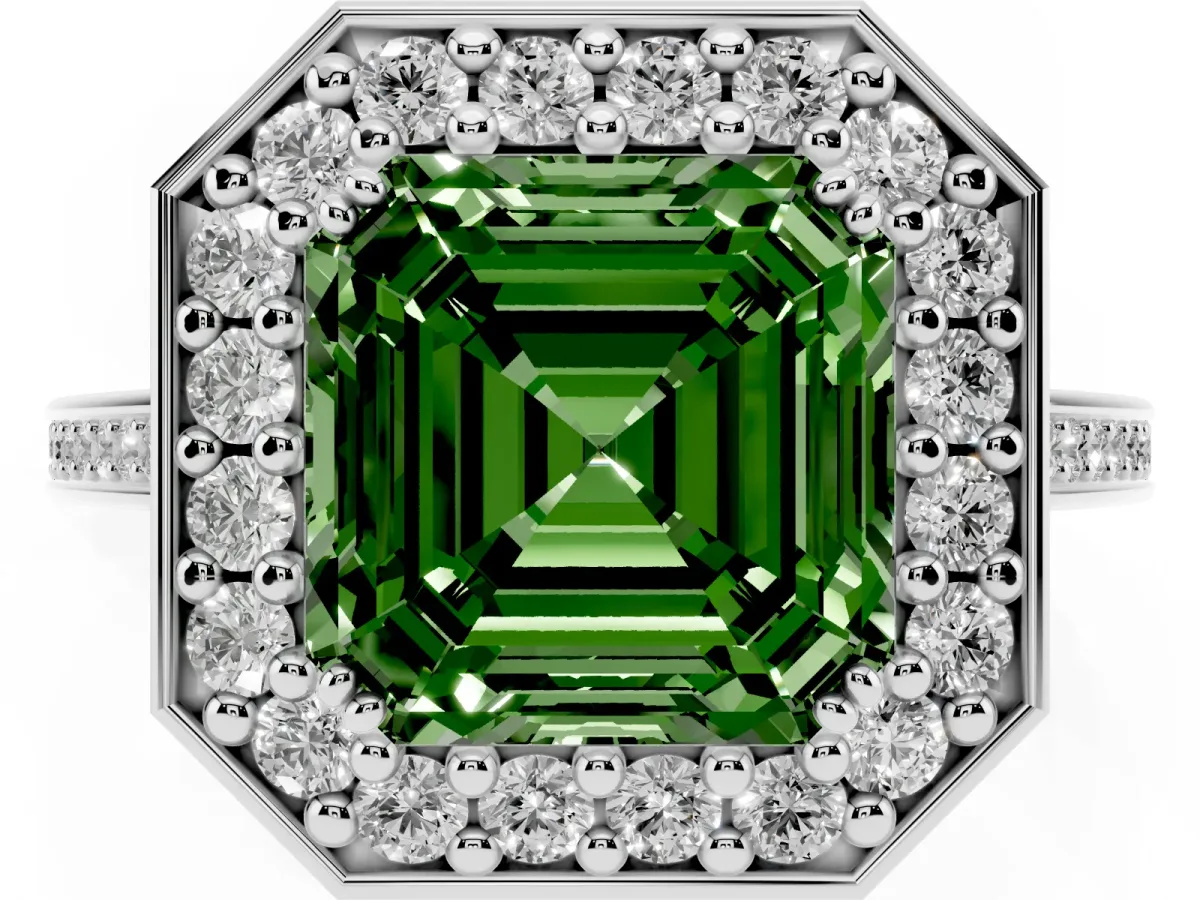 Fancy Green Asscher Cut Diamond Halo Ring with Split Shank and Four-Prong Setting Silver