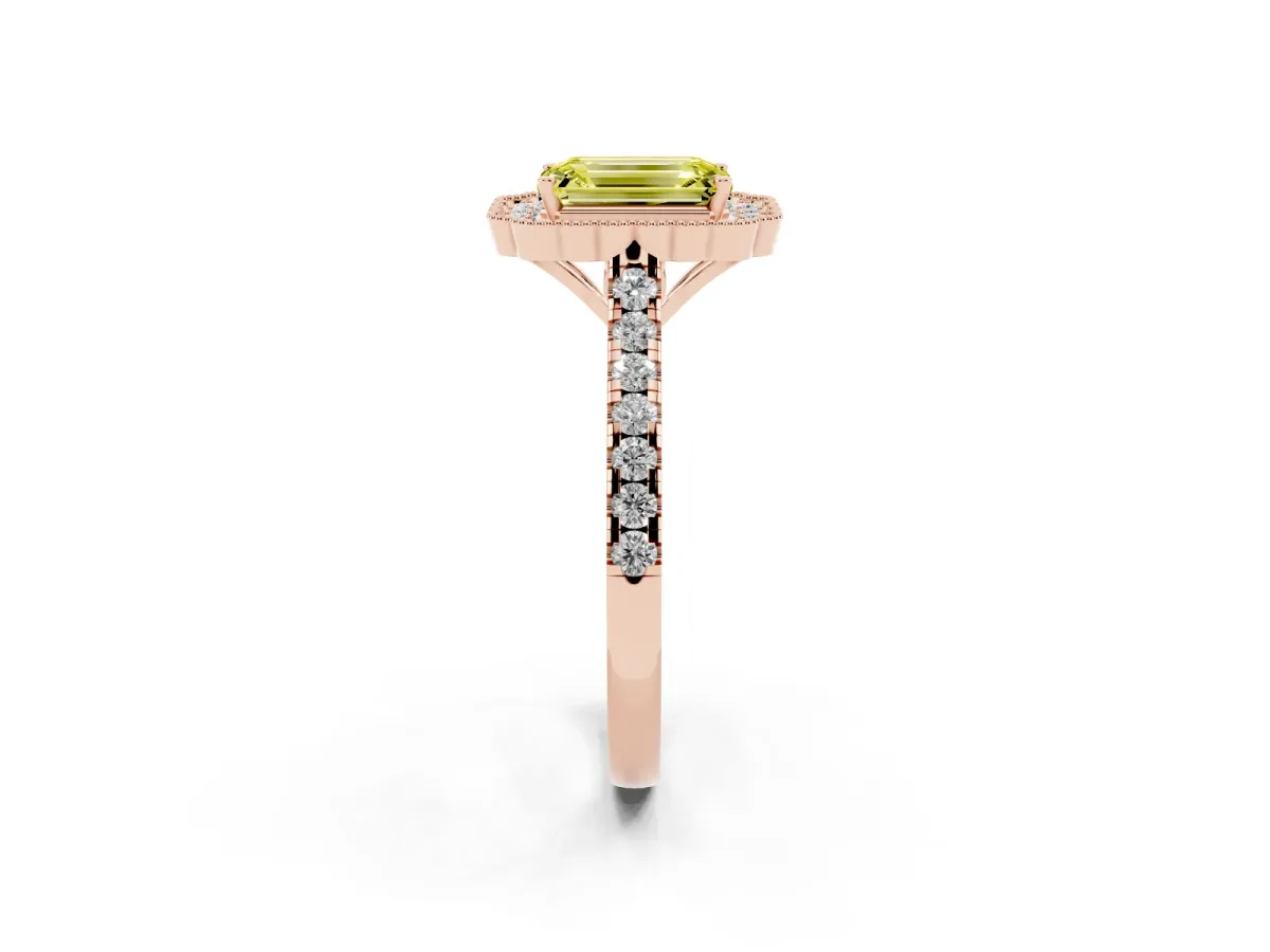 Fancy Yellow Emerald Cut Cut Diamond Milgrain Floral Halo Engagement Ring with Pavé Band Rose gold