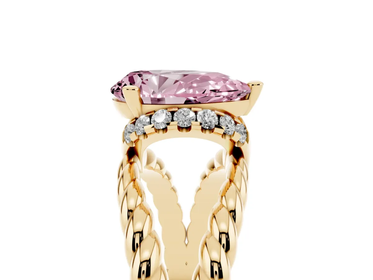 Fancy Pink Pear Cut Halo Twisted Band Four-Prong Ring Yellow gold