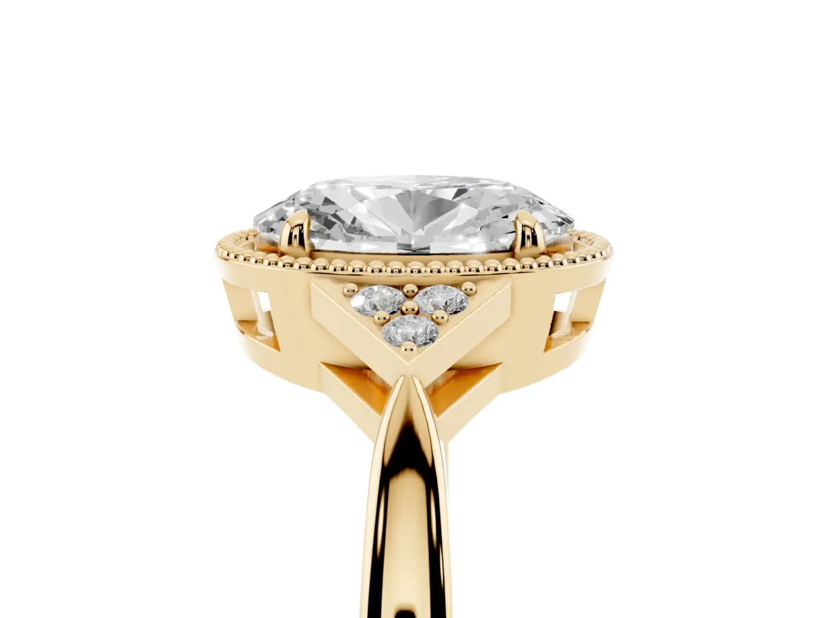 Oval Cut Diamond Halo Ring with Tapered Band and Four-Prong Setting Yellow gold