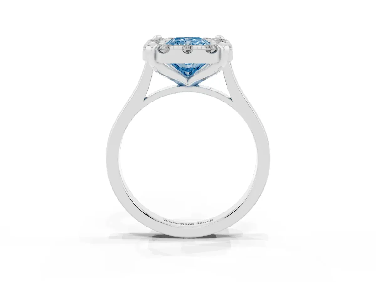 Fancy Blue Radiant Cut Diamond Cluster Halo Solitaire with Four-Prong Setting Platinum