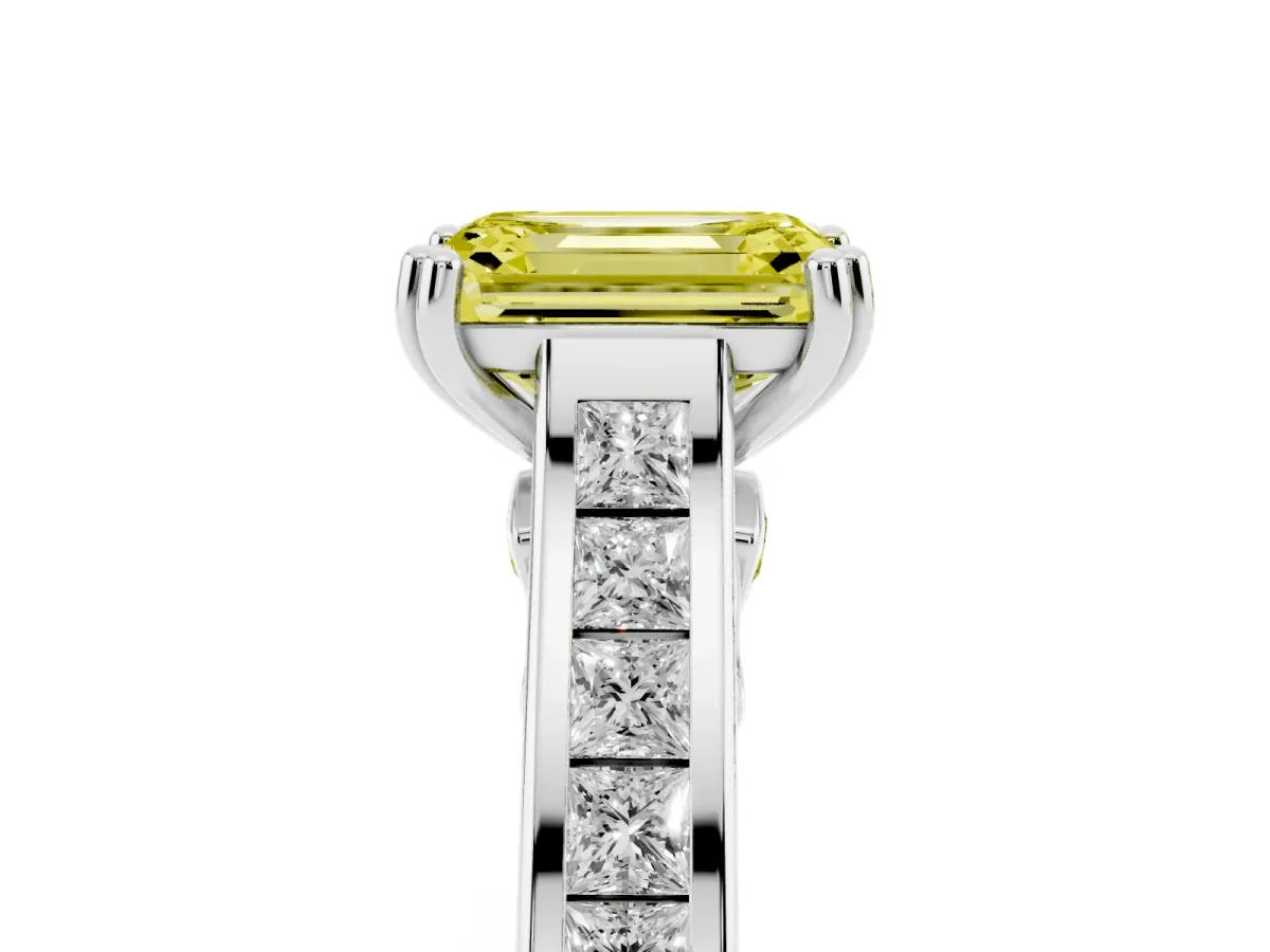 Fancy Yellow Emerald Cut Cut Channel Set Solitaire Engagement Ring with Prong Setting Silver