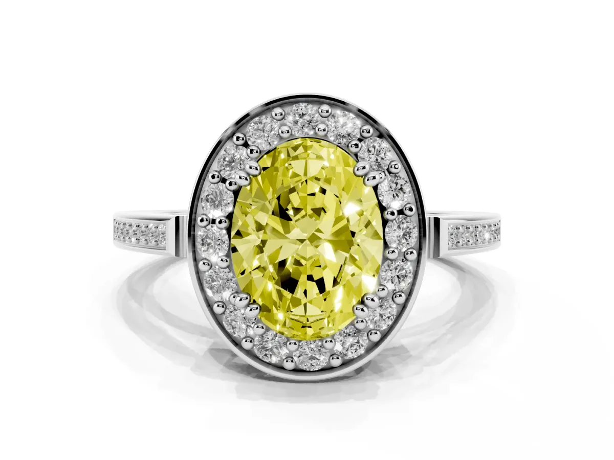 Fancy Yellow Oval Cut Diamond Halo Ring with Split Shank and Four-Prong Setting Silver