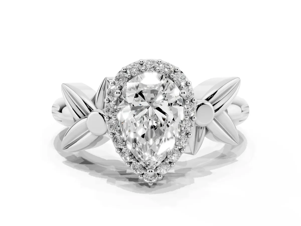 Pear Cut Halo Diamond Floral Band with Four-Prong Setting White gold
