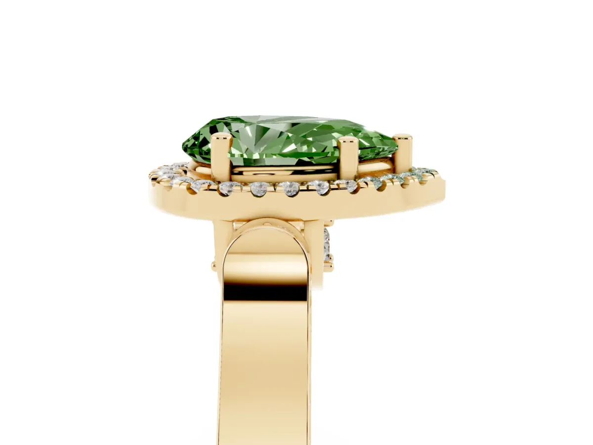 Fancy Green Pear Cut Halo Pave Split Shank Prong Setting Ring Yellow gold