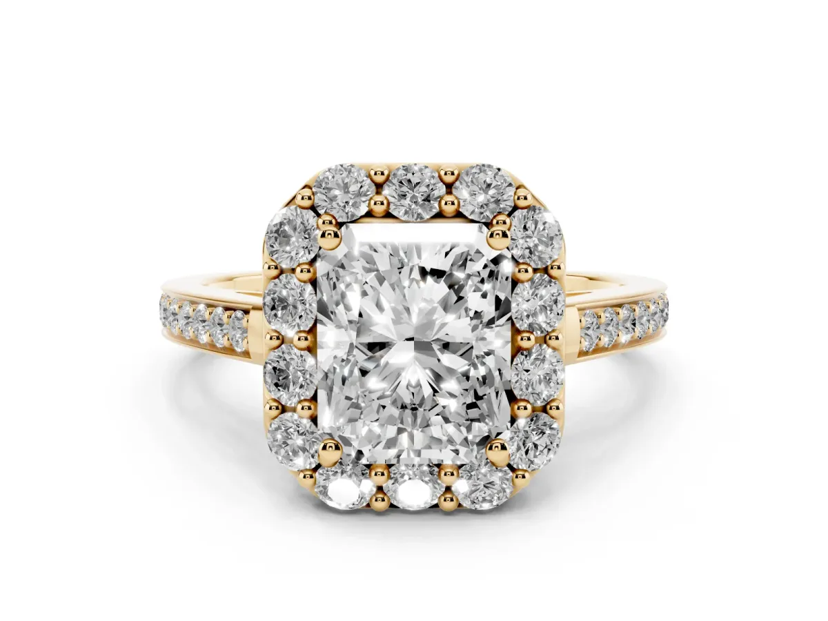 Radiant Cut Diamond Floral Halo Ring with Pavé Band and Prong Setting Yellow gold