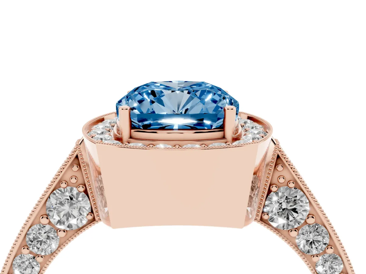 Fancy Blue Cushion Cut Halo Diamond Engagement Ring with Split Shank Band and Four-Prong Setting Rose gold