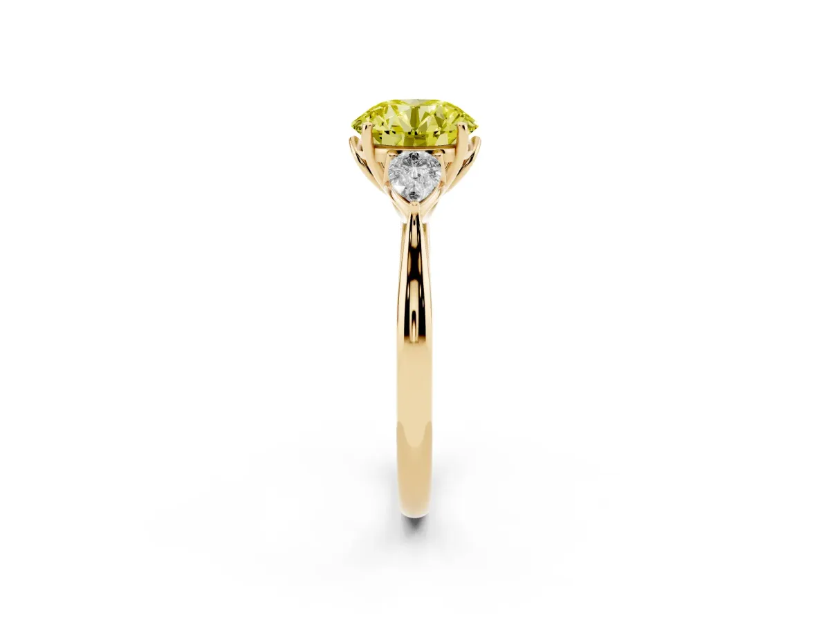 Fancy Yellow Round Cut Diamond Three-Stone Ring with Pear Side Stones and Prong Setting Yellow gold
