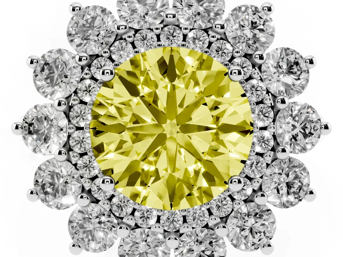 Fancy Yellow Round Cut Diamond Floral Double Halo Engagement Ring with Prong Setting Silver