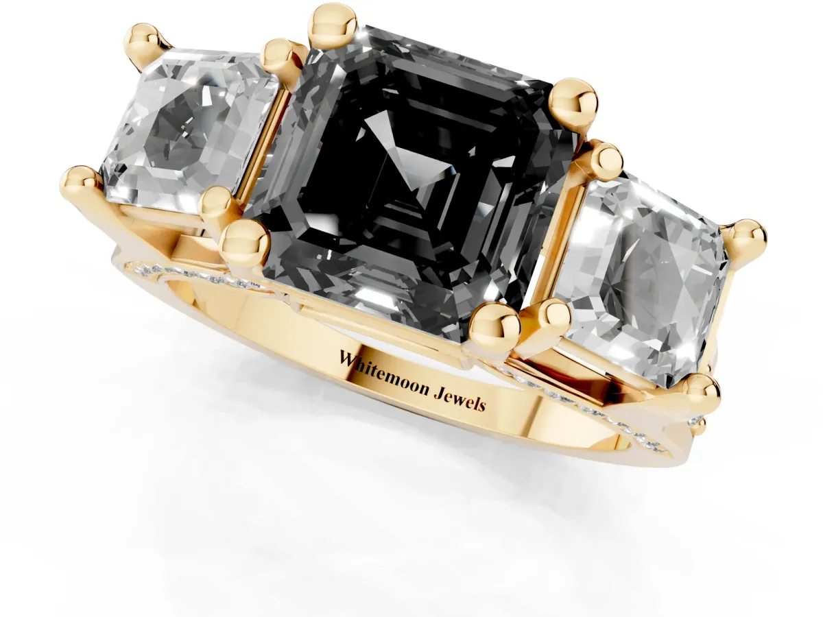 Fancy Black Asscher Cut Diamond Three-Stone Ring with Channel Set Band and Four-Prong Setting Yellow gold