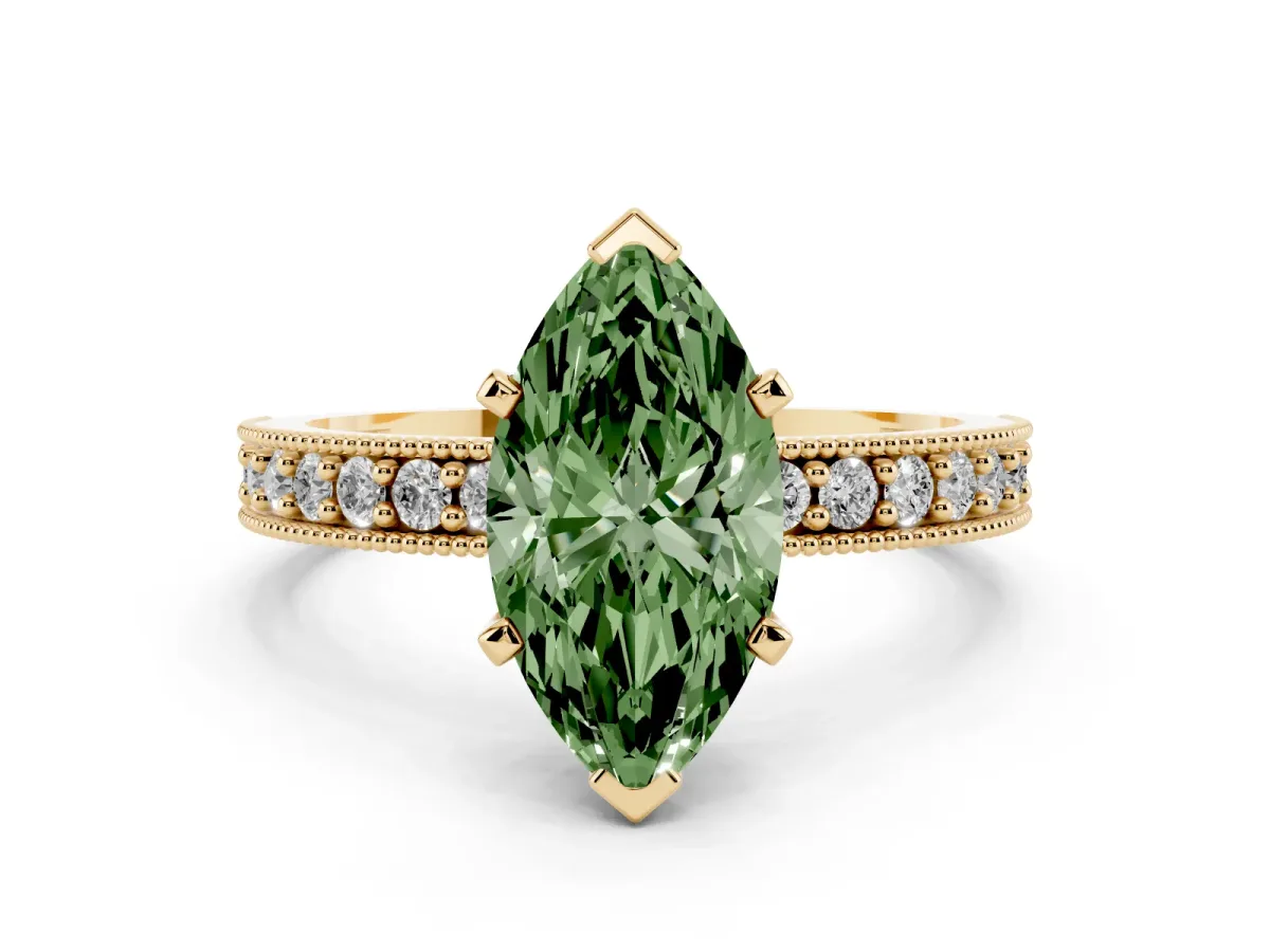 Fancy Green Marquise Cut Diamond Milgrain Pavé Engagement Ring with Four-Prong Setting Yellow gold