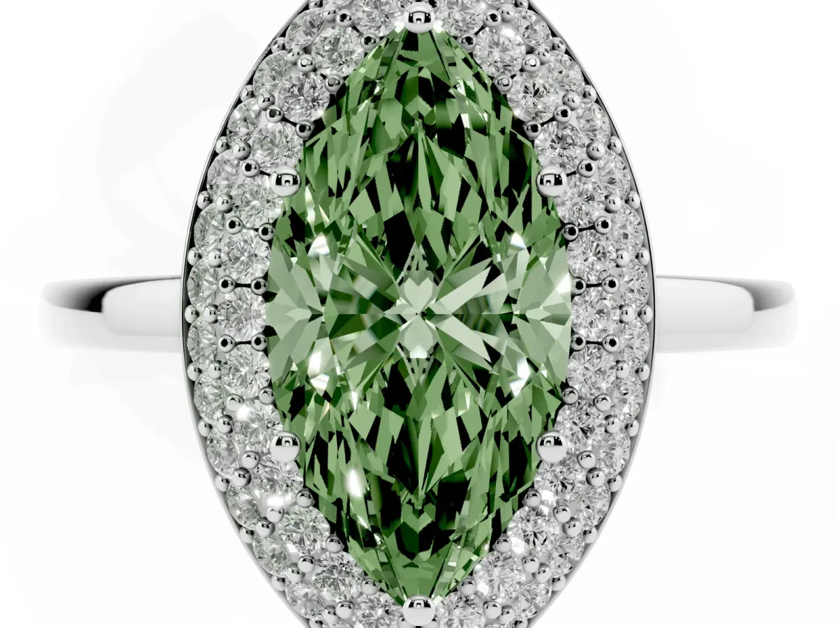 Fancy Green Marquise Cut Halo Diamond Engagement Ring with Solitaire Band and Four-Prong Setting Silver